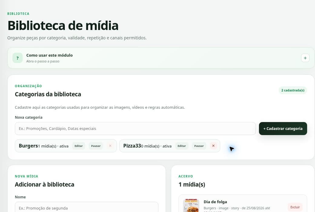 Tela real da Biblioteca de mídia do G5Social, com categorias, cadastro e acervo.