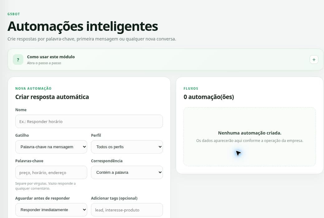 Tela real do G5Bot com formulário de criação de resposta automática.