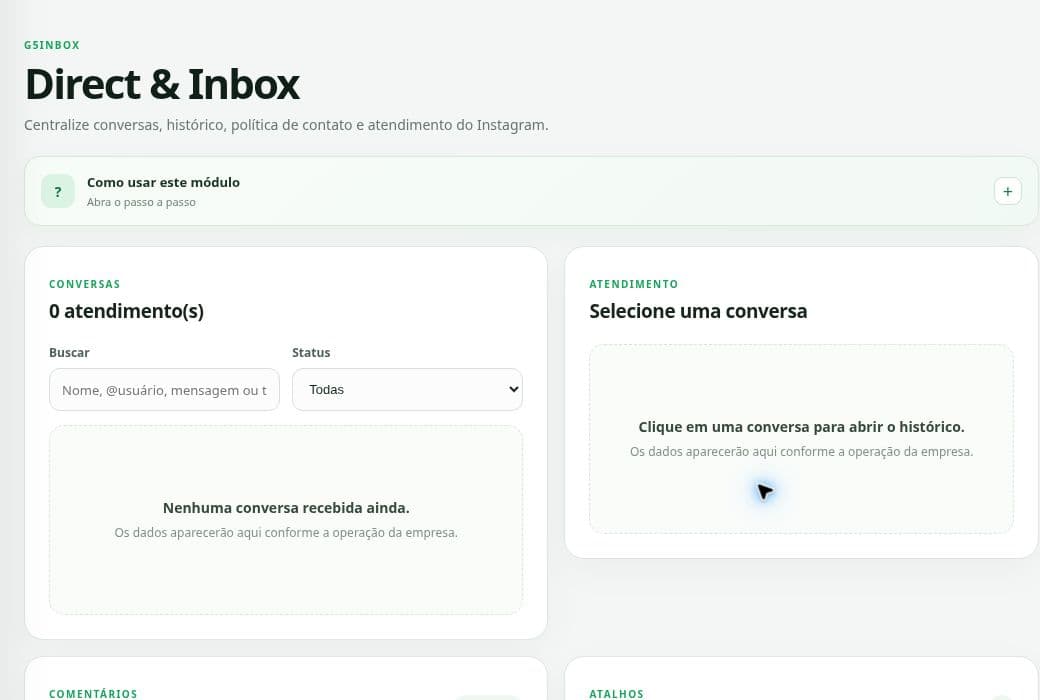 Tela real do Direct e Inbox do G5Social, com lista e área de atendimento.