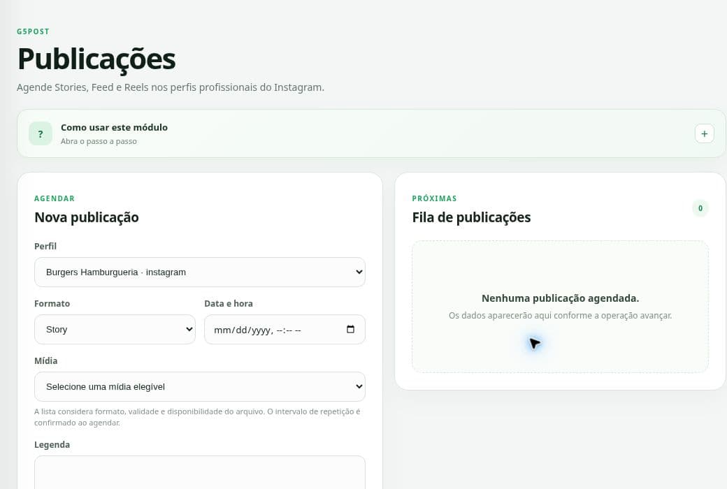 Tela real do módulo Publicações do G5Social, com formulário de agendamento e fila de postagens.