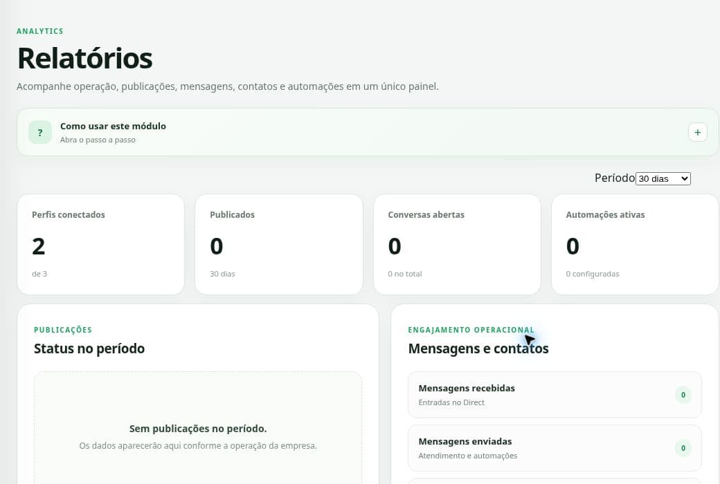 Tela real dos relatórios do G5Social, com indicadores da operação.